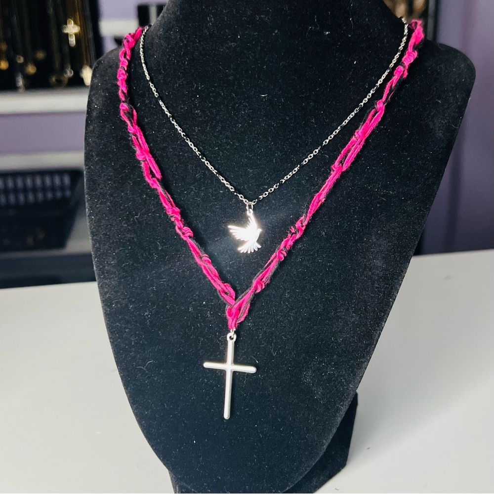 Pink&Black Woven Cotton Rope w Enamel Beaded Chain, Cross Dove Pendants - Picture 4 of 4